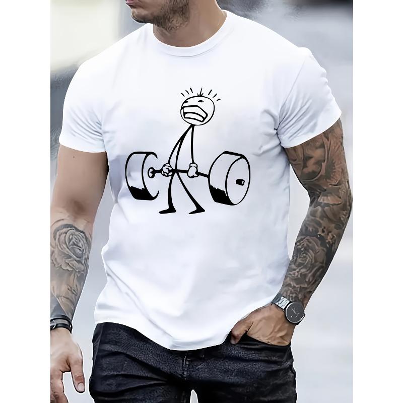 European Sizes Men's Round Neck Short Sleeve T-Shirt with Weightlifting Print, Fashionable Street Style Breathable Tee