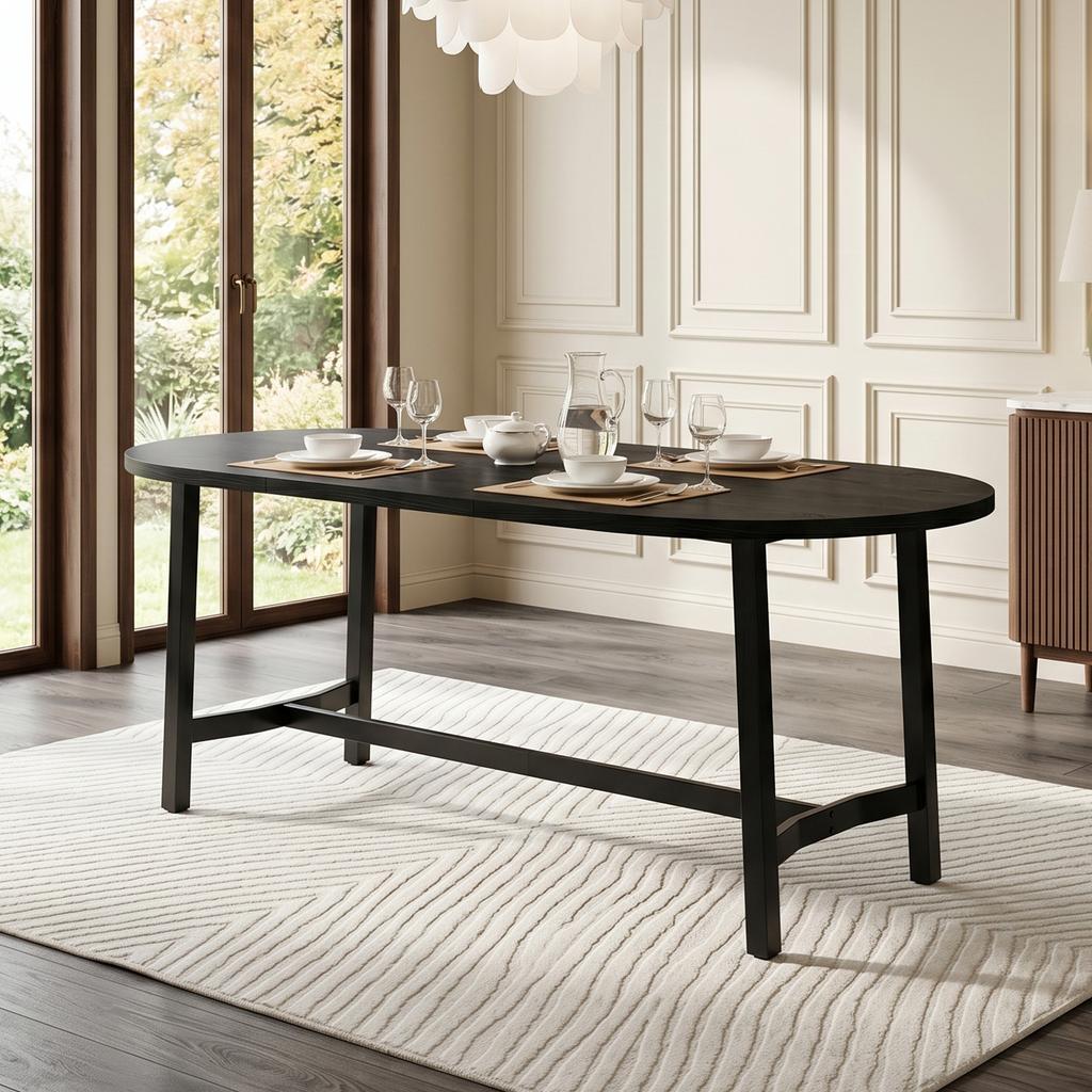 Tavolo da Pranzo 180*80*75cm, adatto per 6-8 persone, Tavolo da Pranzo con Angoli Arrotondati, Tavolo da Pranzo in Stile Semplice, Gambe del Tavolo in Ferro, Nero