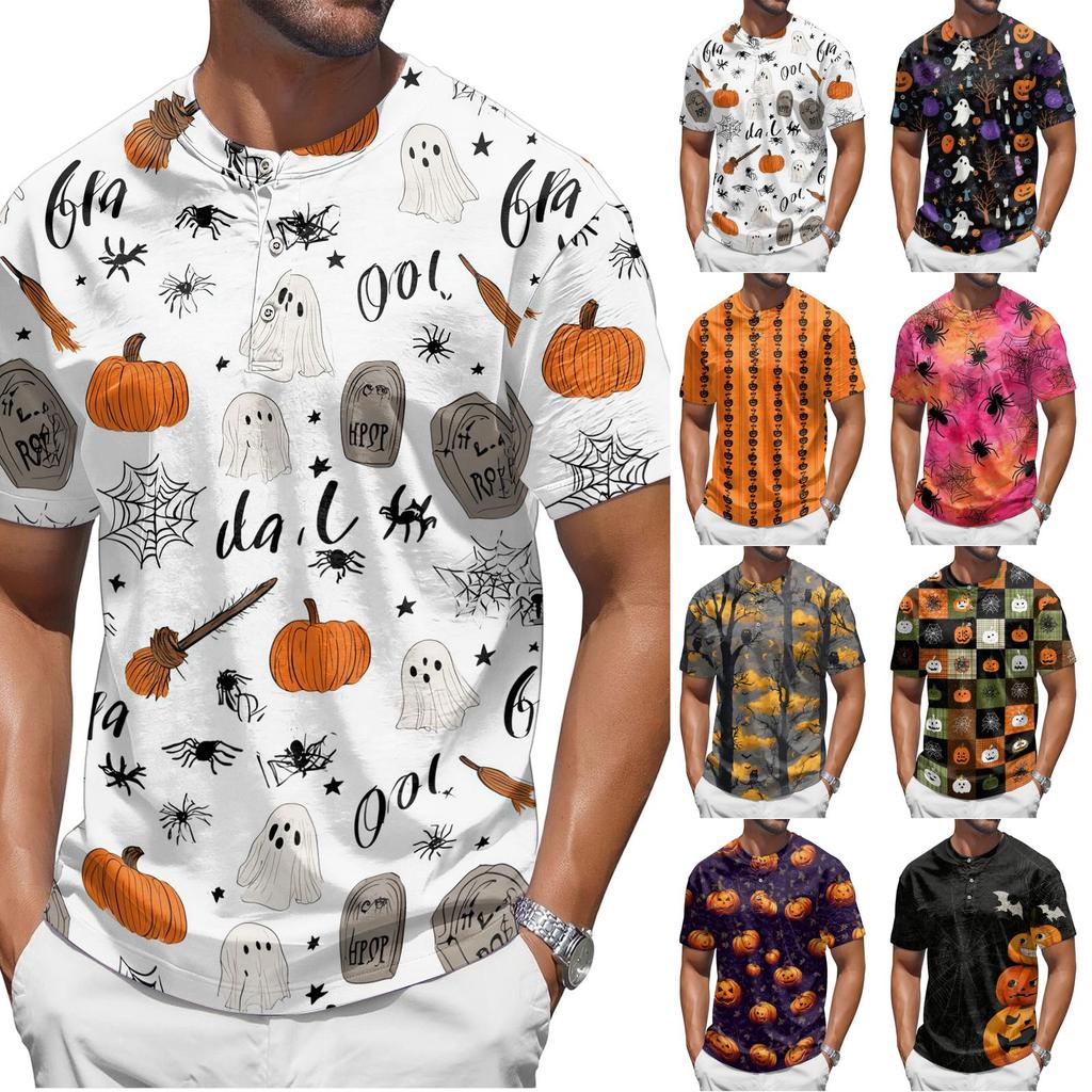 Men's Halloween Short Sleeve Henley Shirt Pumpkin Print Casual Lightweight Breathable Top with Buttoned Collar for Seasonal Wear