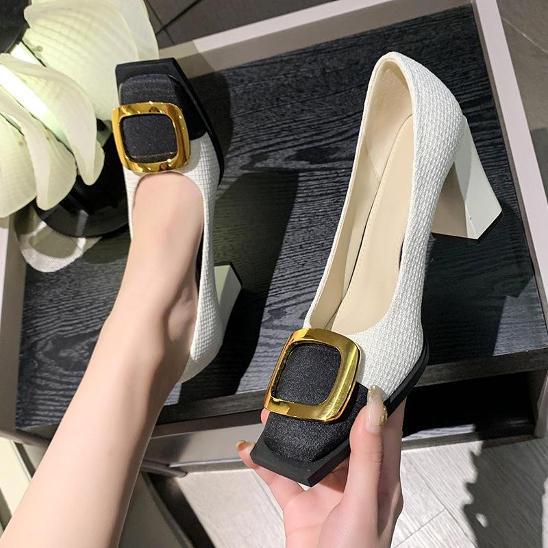 Square Head Gold Buckle High Heels Women's 2025 Spring One-pedal Thick Heel Single Shoes Temperament Shallow Mouth Square Buckle Single Shoes