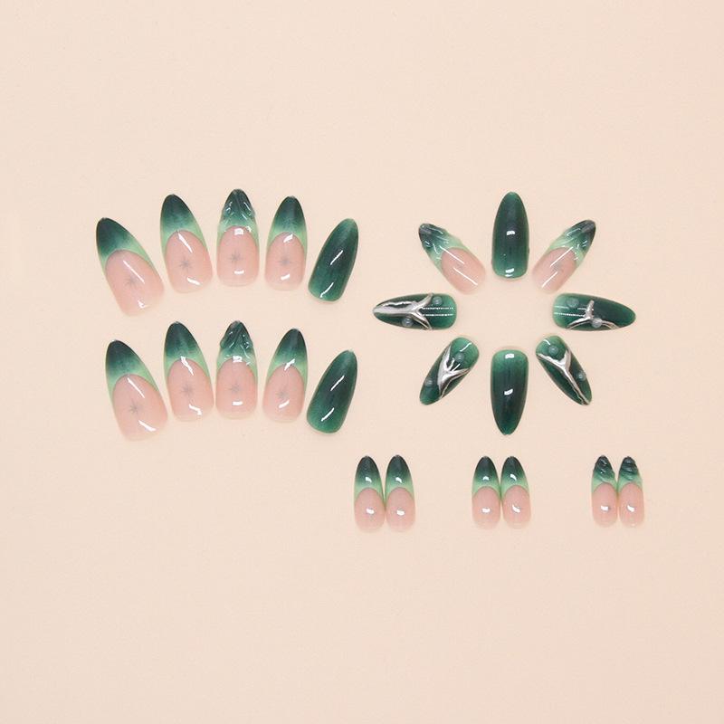 False nail dark green wearing nail piece False nail three-dimensional star nail patch Removable piece 24 pieces