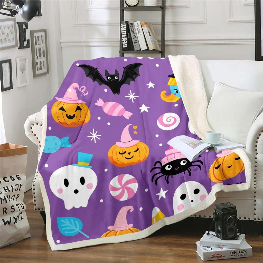 Halloween Ghost Blanket Soft Fleece Throw Pumpkin Spider Web Design Home Decor Party Gift Kids Room
