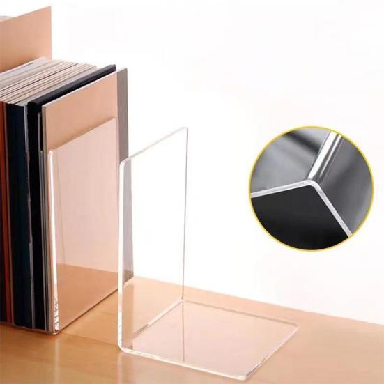 4Pcs Book End Transparent Acrylic Bookends Smooth Surface L-Shaped Book Storage Rack School