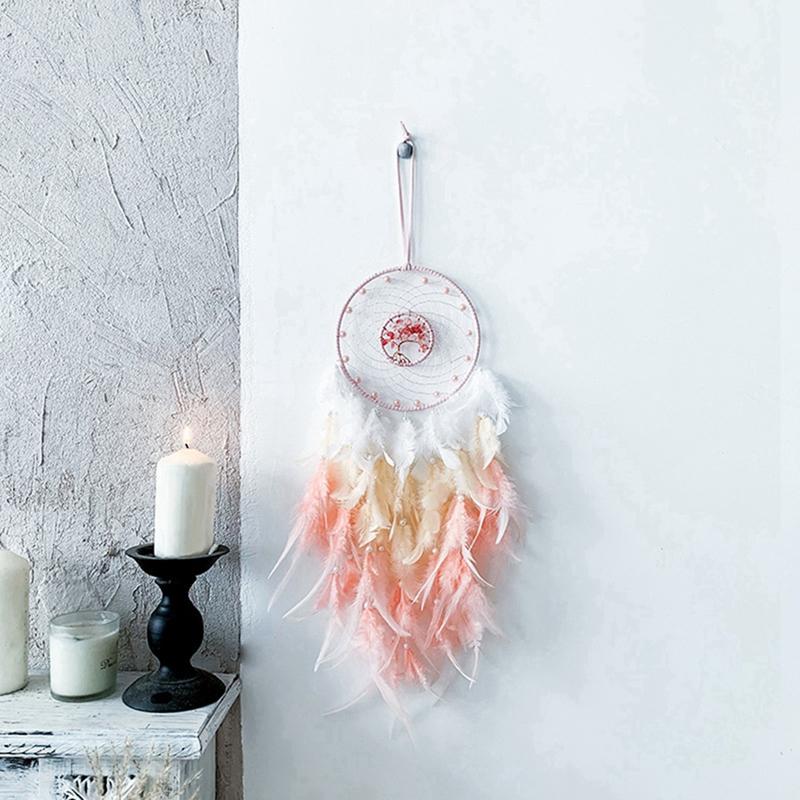 Dream Catcher Hanging Ornament Decor Handmade LED Lights Pink Feather Healing Crystals Dreamcatchers