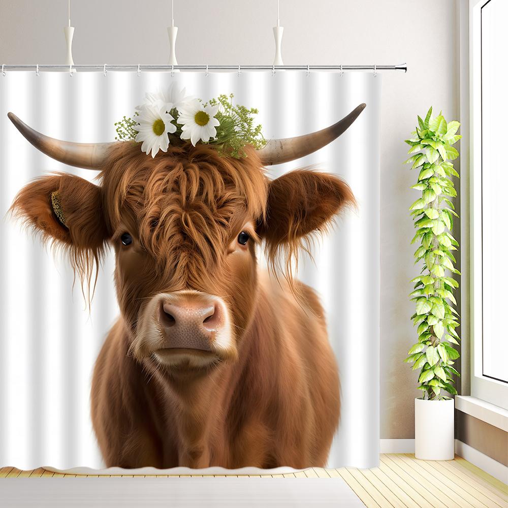 Highland Cow Shower Curtain Farm Animals Cattle Portrait Watercolor Flowers Plant Bathroom Decor Fabric Bath Curtains with Hooks