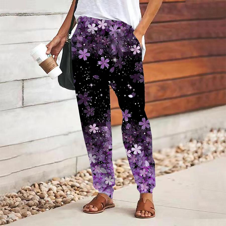 Women Flower Printing Pants Lace Up Elastic Waist Loose  Trousers Casual Long Pants Trousers with Pockets