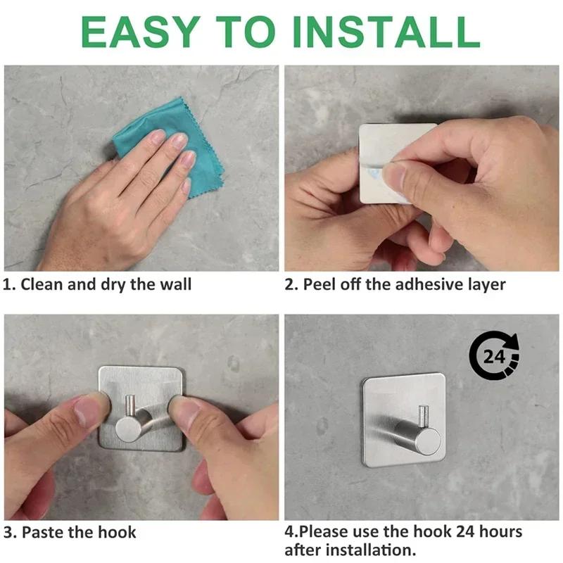 Stainless Steel Adhesive Hook Waterproof Self Adhesive Wall Hook Heavy Duty Towel Holder Home Kitchen Bathroom Organizer Hooks