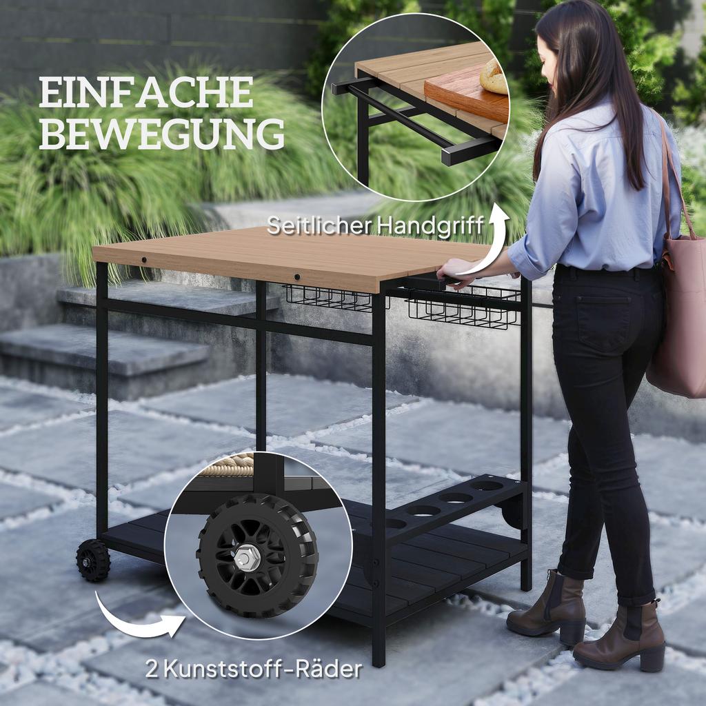 Serving Cart, Kitchen Cart, 2 Tiers, 4 Bottle Holders, In/Outdoor, Natural/Black