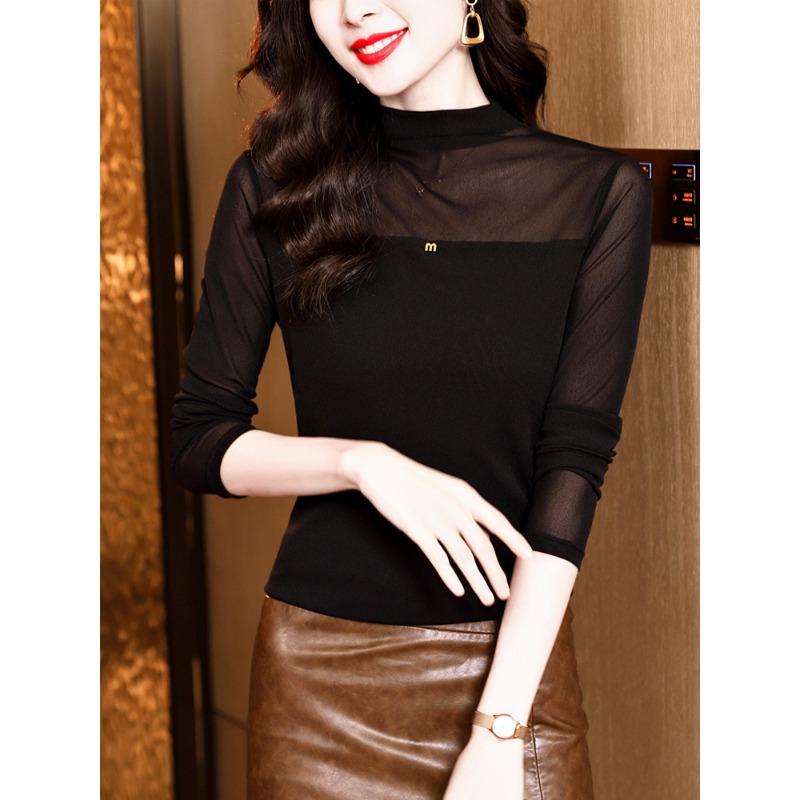 Nuevo Estilo de Invierno Versátil Camiseta de Cuello Alto Medio Slim Manga Larga Malla Camiseta Base Top para Mujer