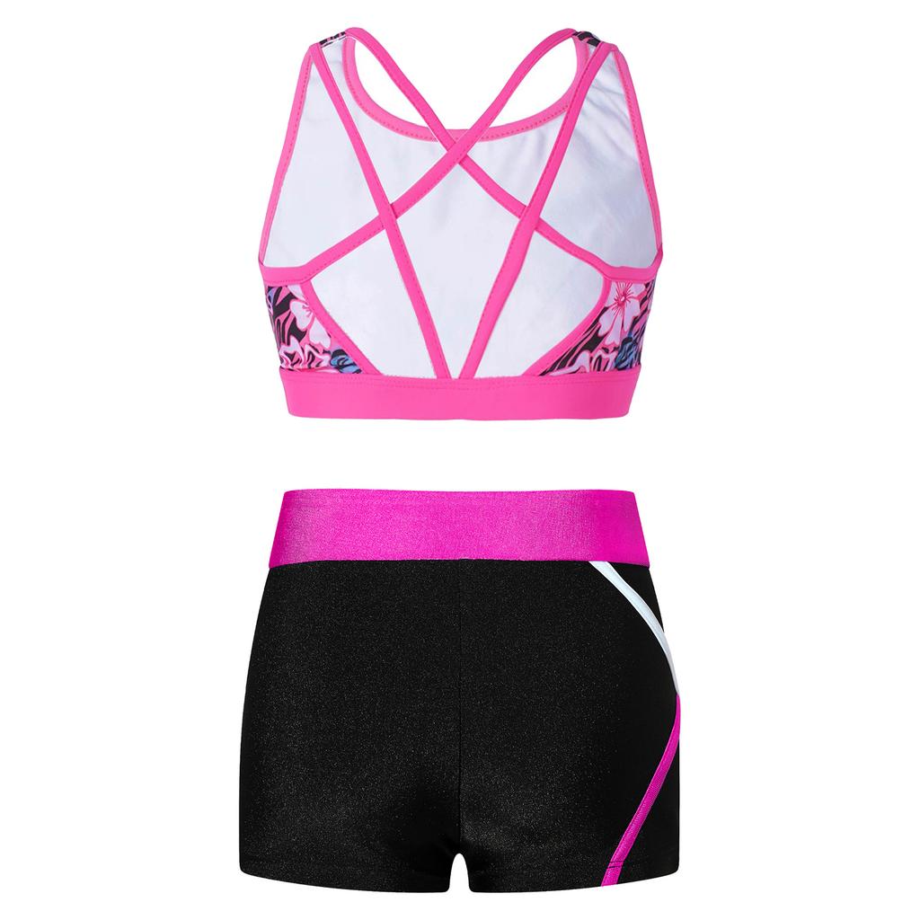 Completo Sportivo da Ragazza Senza Maniche Scollo a U Spalline Incrociate sulla Schiena Crop Top Stampato Pantaloncini a Vita Bassa Elastica