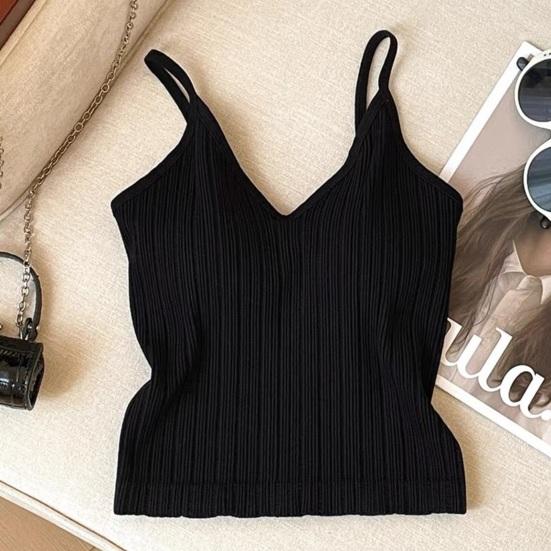 V Neck Tank Top for Women Double Lined Ribbed Sleeveless Basic Shirts with Built-in Bra Summer Padded Going Out Tops