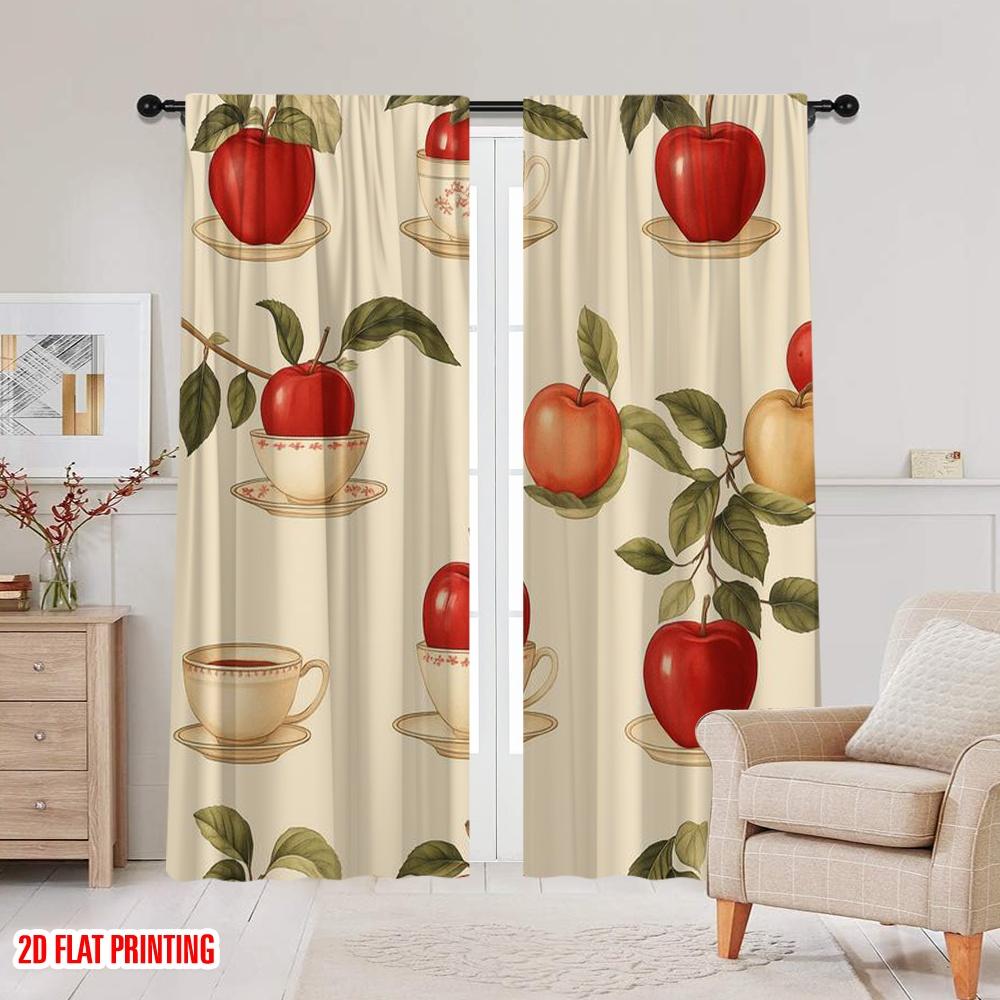 2pcs,2D Plane Printing Creative Curtains Tea Apple Harmony Durable 100% Polyester Fabric (without Rod) Holiday for Bedroom &