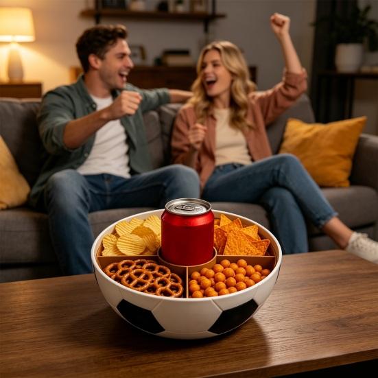 Football Snack Bowl with 5 Compartments, Large Capacity Food Tray Cup Holder, Fruits Candy Beverage Organizer Container for Soccer Party, Game Day