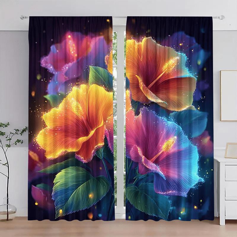 2pcs, Polyester Material, Vibrant Colorful Flower and Leaf Pattern Print, Light Filter Curtains, Suitable for Bedroom, Living