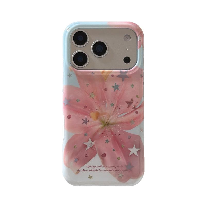 Korean Style Star Powder Lily Flower Phone Case for iPhone 17 Pro Max - Heart Design, Anti-drop, Suitable for iPhone 14, 15, and Apple 16.