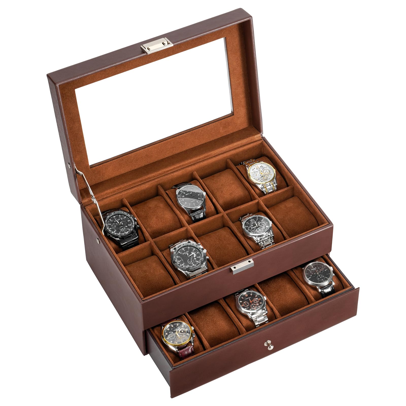 

ProCase Men s Watch Box, Holds 20 Watches, Large Capacity Watch Case, Display Case, Organizer with Clear Glass Top and Storage Drawer