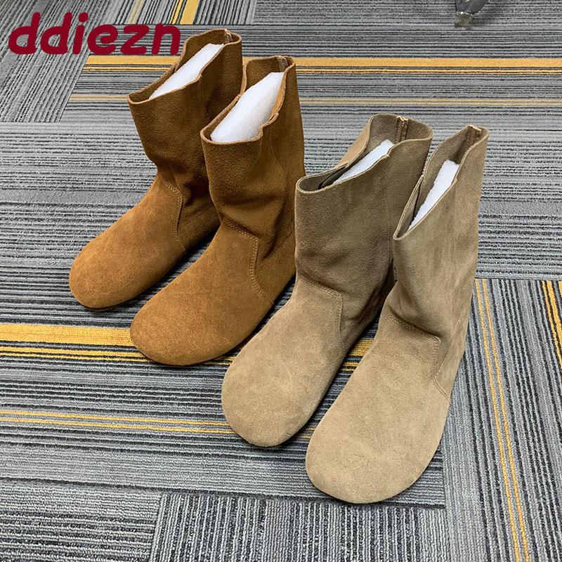 Fashion Fashion Round Toe Women Ankle Boots Flats Shoes Female Slip On Footwear Flock Ladies Modern Short Boots Shoes lady