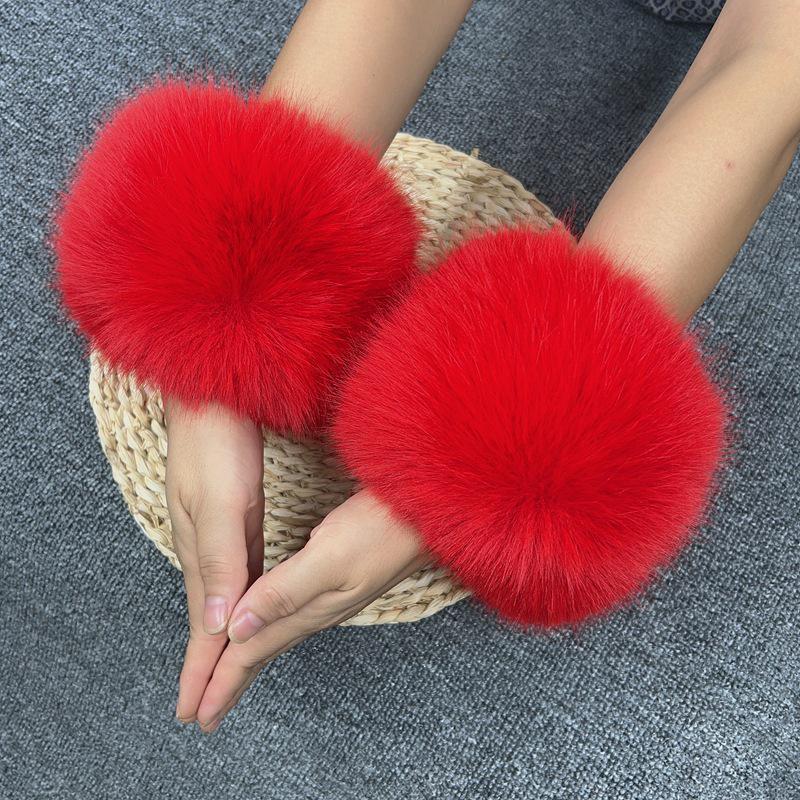 Mânuși de damă din blană artificială de iepure și vulpe, cu manșete strânse