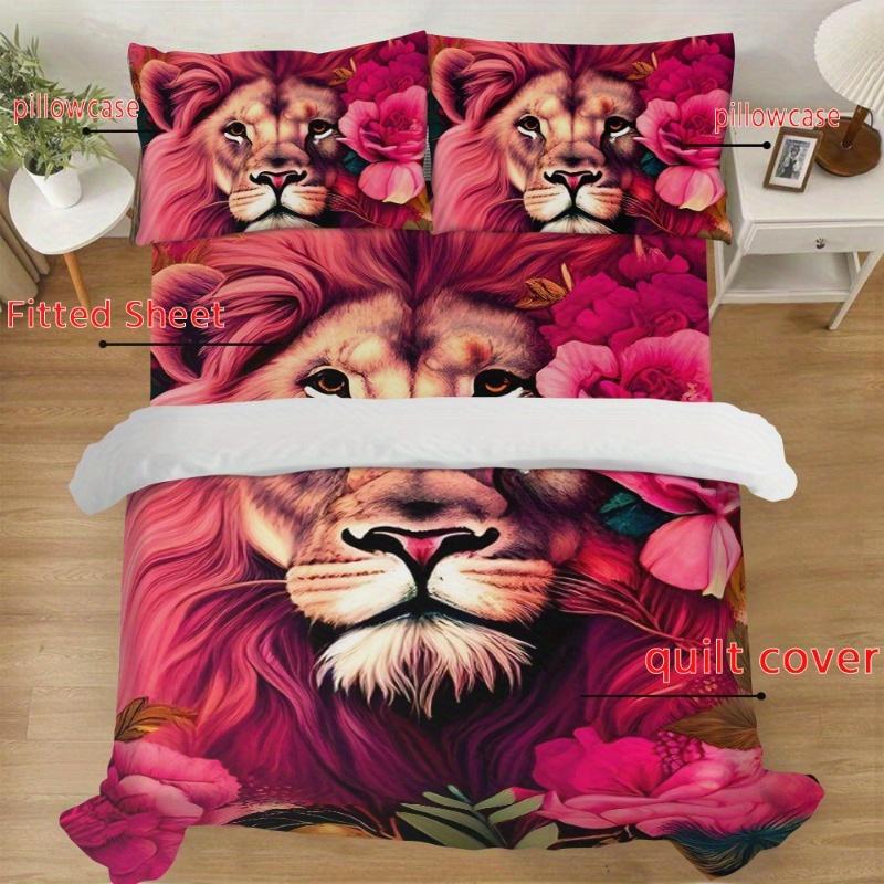 4pcs Flower Lion Pattern All-in-one Duvet Cover SetSoft Breathable Stylish Bedding for Your Bedroom or Guest Room - All-Season