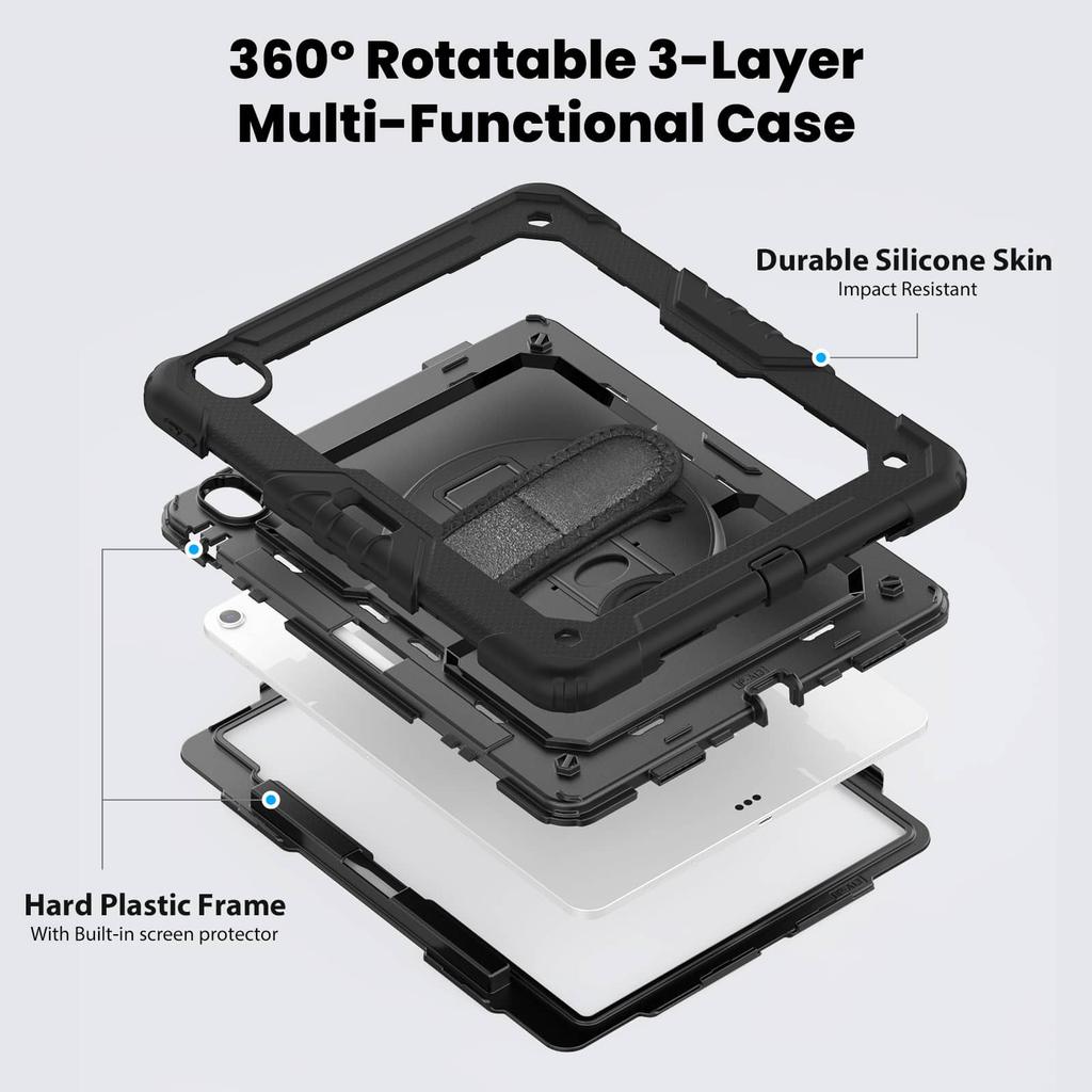 For iPad (A16) 11th Air 11 Air 13 M3 () - Heavy Duty Protective Cover with Screen Protector, Shoulder Strap & Pencil Holder