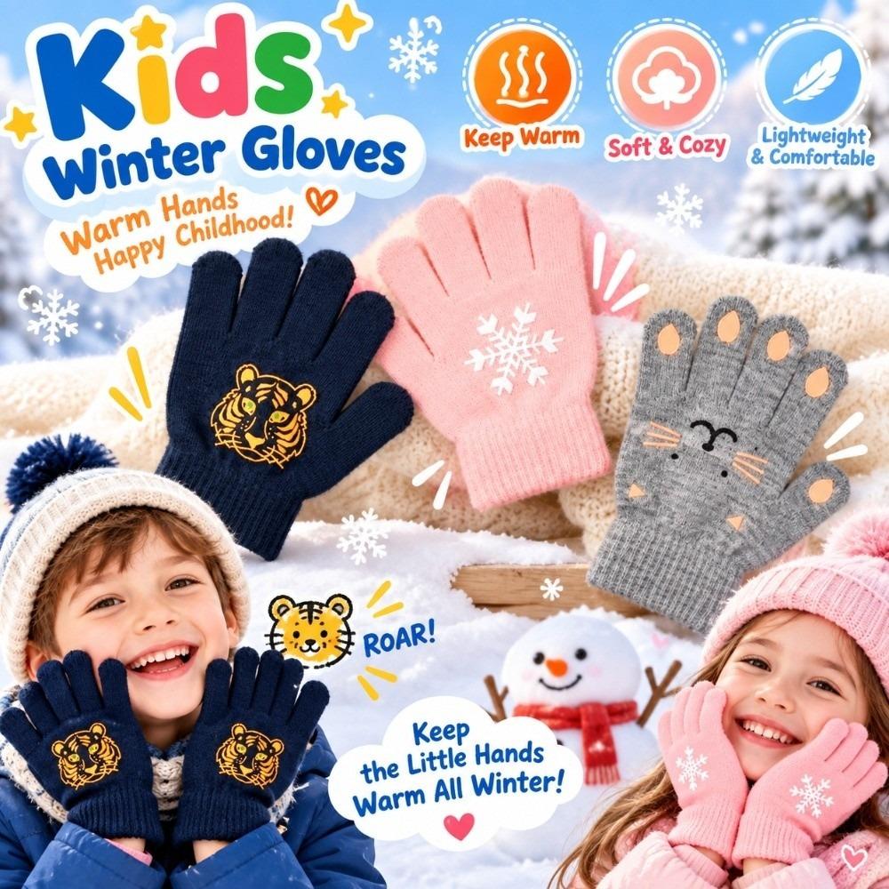 Thickened Kids Knitted Gloves Cartoon Print Thermal Gloves Children Winter Warm Gloves  Daily Wear