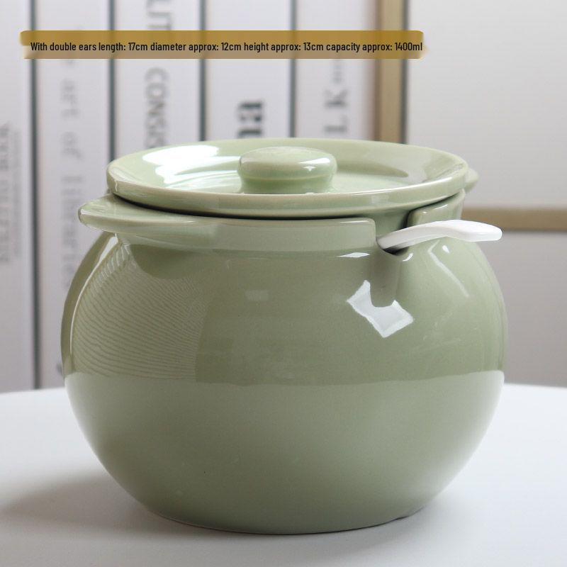 Ceramic Double-Handled Lard Jar with Lid - High-Temperature Resistant Kitchen Oil Storage Pot