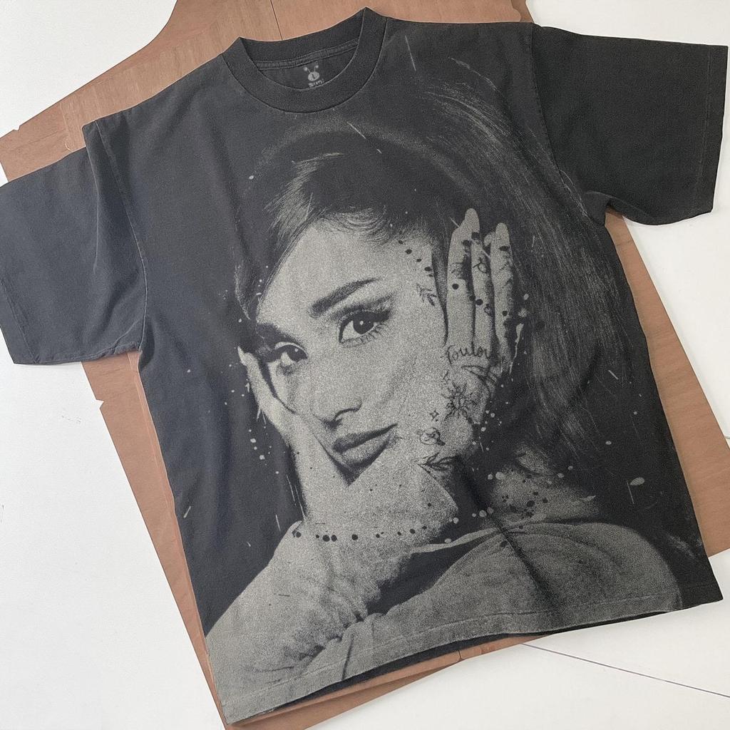 Ariana Grande Bleached T-Shirt: Handmade spray art shirt Faded Black Cotton Unisex Tee
