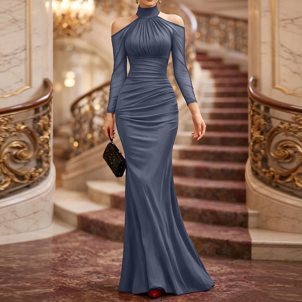 Damen Hals Sheer Mesh Off-Shoulder Langarm Abendkleid Elegant Bodenlang Raffung Formelles Kleid für Events Partys