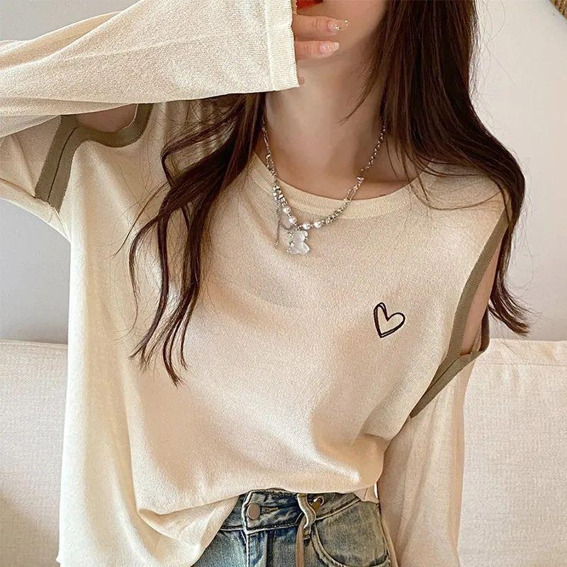 

Женский топ с длинными рукавами, летняя микропрозрачная футболка с круглым вырезом и прокладкой через плечо, корейская женская футболка с длинными рукавами XL абрикосовый