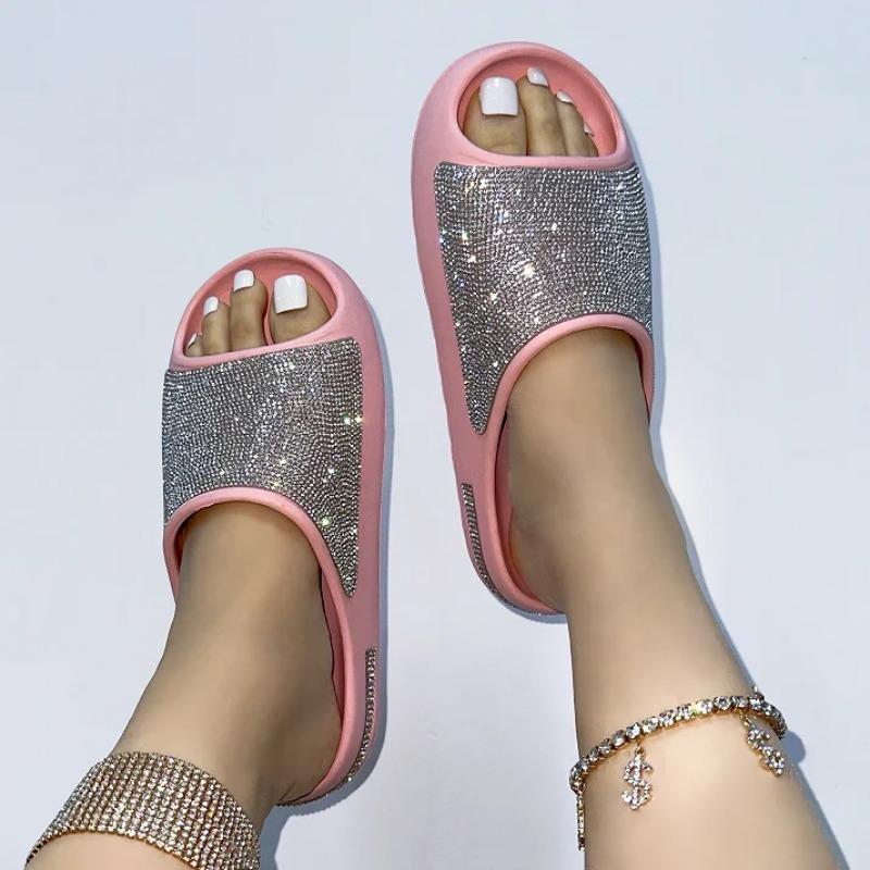 Fashion 2025 Women's New Women's Shoes with Diamond Face, Thin Flash Thick Bottom Slippers Sandals Outdoor Beach Slippers 36-45