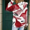 Women Plus Size Long Sleeve Pink White Printed Drawstring Hoodie Kangaroo Pocket Pullover