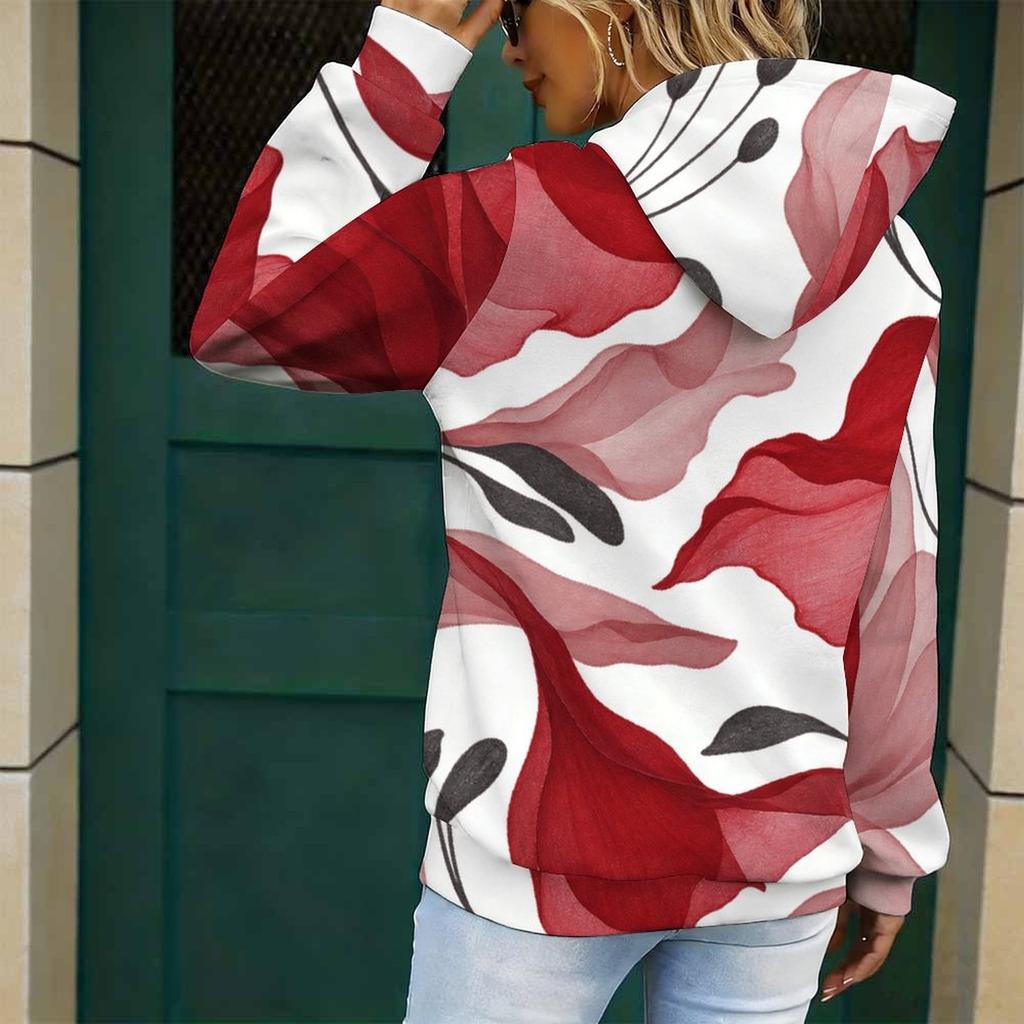 Women Plus Size Long Sleeve Pink White Printed Drawstring Hoodie Kangaroo Pocket Pullover