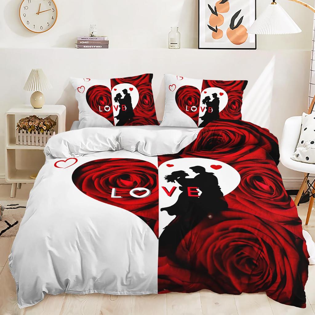 Red Rose Duvet Cover Set King Size, Red And White Comforter Cover Sets With Zipper Closure, Romantic Hearts Lover Bedding Set