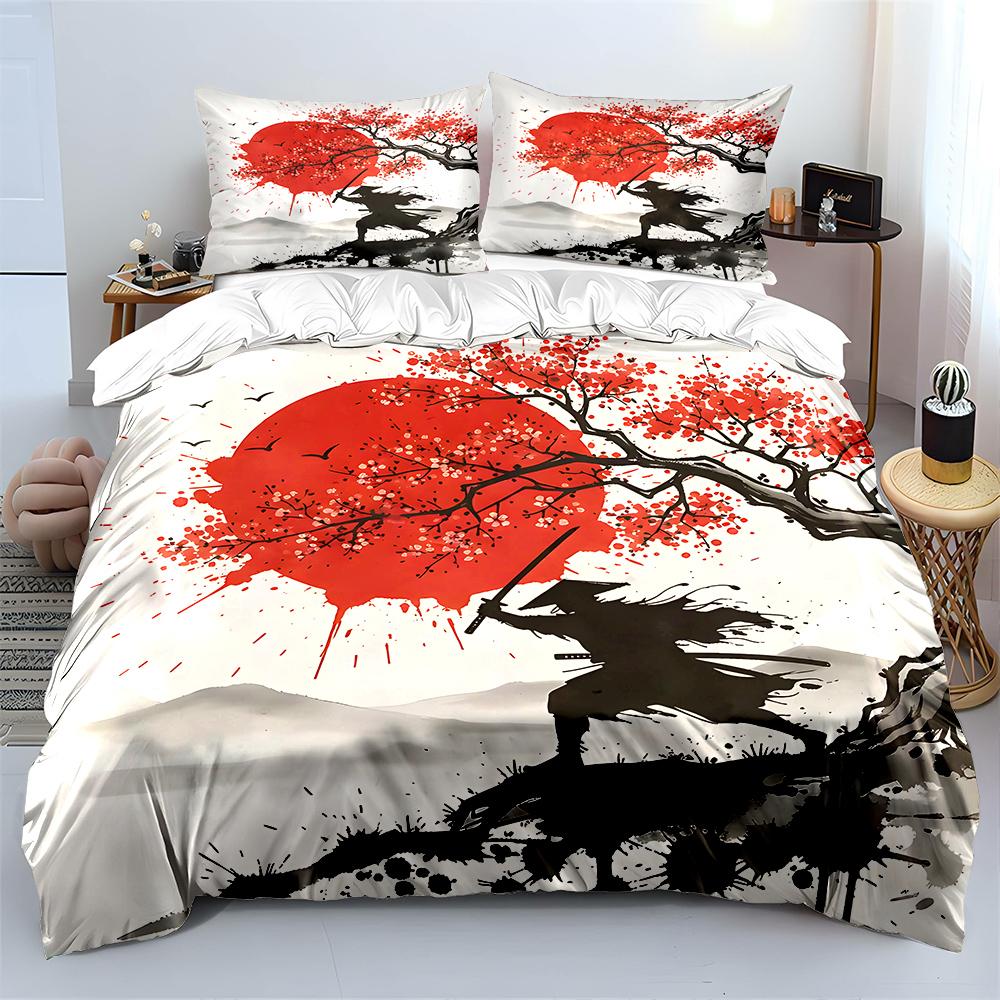 Samurai under cherry blossoms and red moon Bedding Set for Kids Luxury Gift 3pcs Digital Print Comforter Set Soft Comfortable 135x200cm