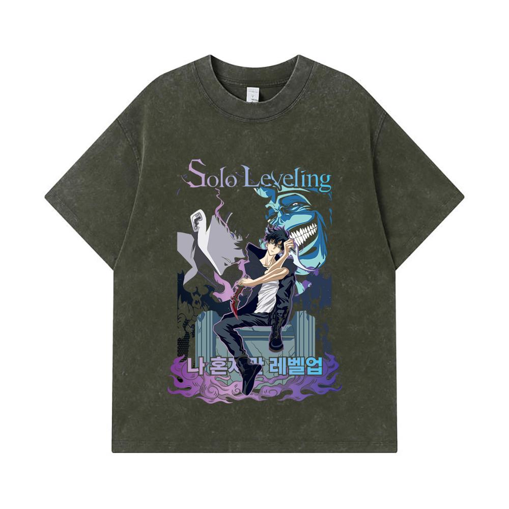 275 GSM Washed T-shirts 100% Cotton Solo Leveling V6 Print Unisex Heavy Cotton T Shirt S