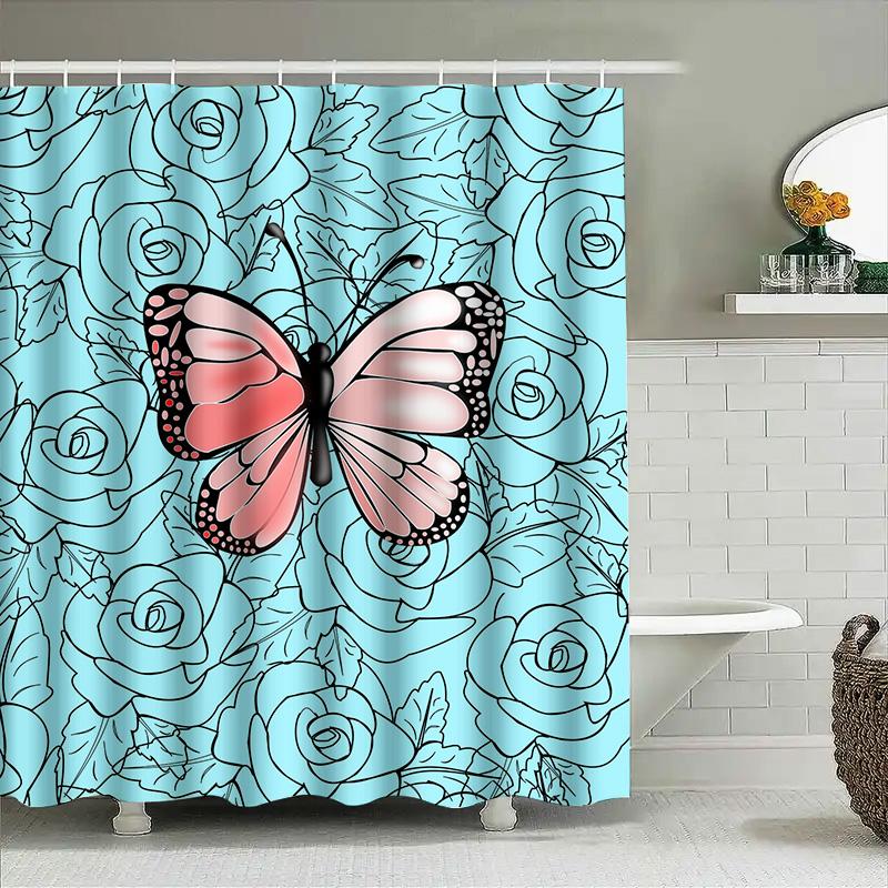 Blue Floral Shower Curtain With Pink Butterfly Decor For Bathroom Home Decor