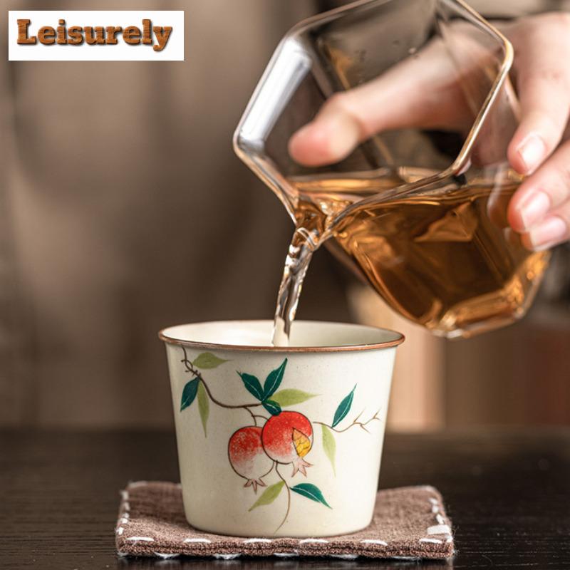 100ml Retro Cream Ru Kiln Ceramic Teacup Hand-painted Pomegranate Straight Mouth Cup Female Master Single Cup Kung Fu Tea Bowl