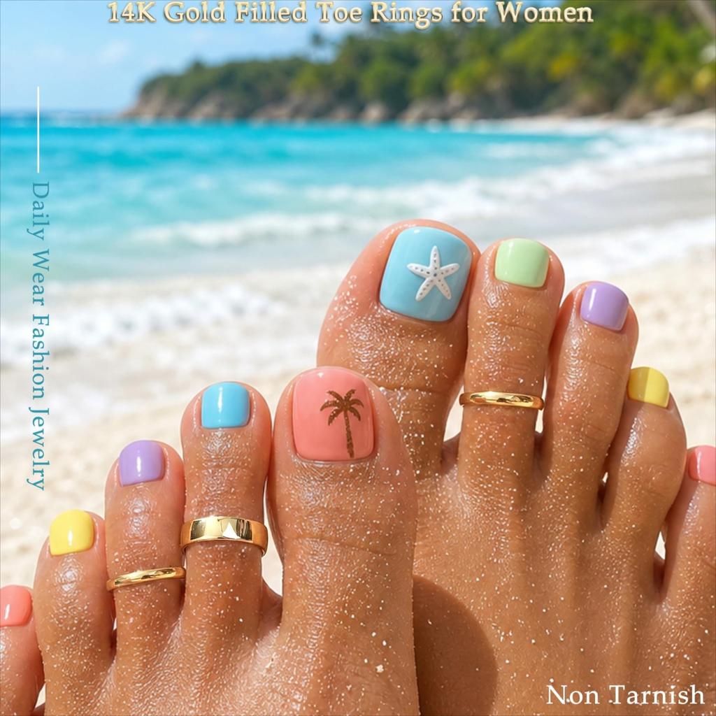 Toe Rings for Women Non Tarnish 14K Gold Filled Adjustable Toe Ring Set Daisy CZ Plain Hug Triple Open Band Ring Summer Beach Foot Jewelry for Women