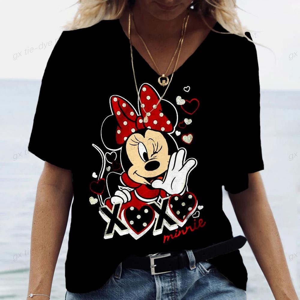 

Мультяшная футболка женская с принтом Микки Мауса Дисней, свободного кроя, для отдыха, летняя, с коротким рукавом, V-образным вырезом, кавайная, женственная 3XL