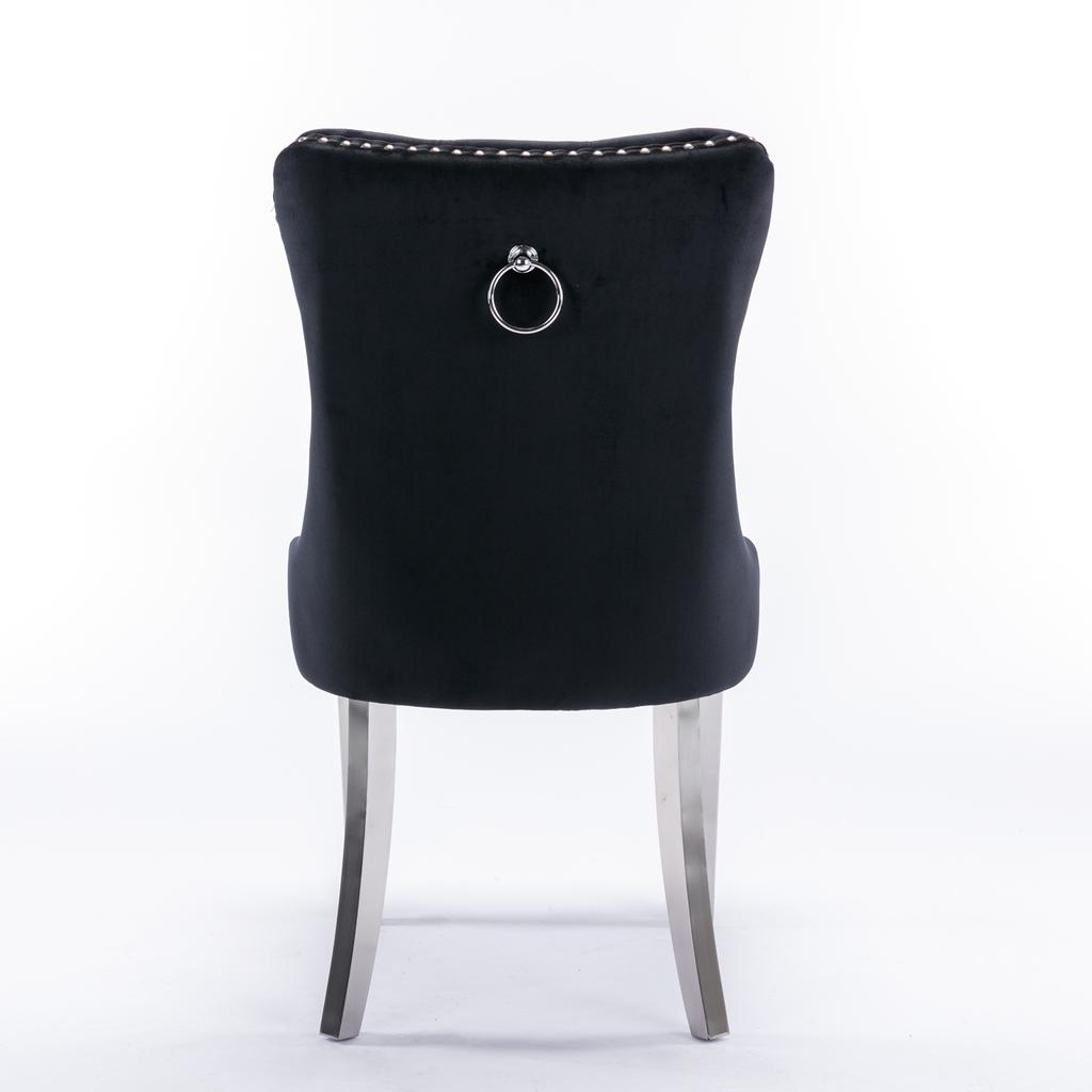 Modern, Tufted Solid Wood Velvet Upholstered Dining Chair with Chrome Stainless Steel Plating Legs,Nailhead Trim,Set of 2,Black and Chrome, DE1701BK