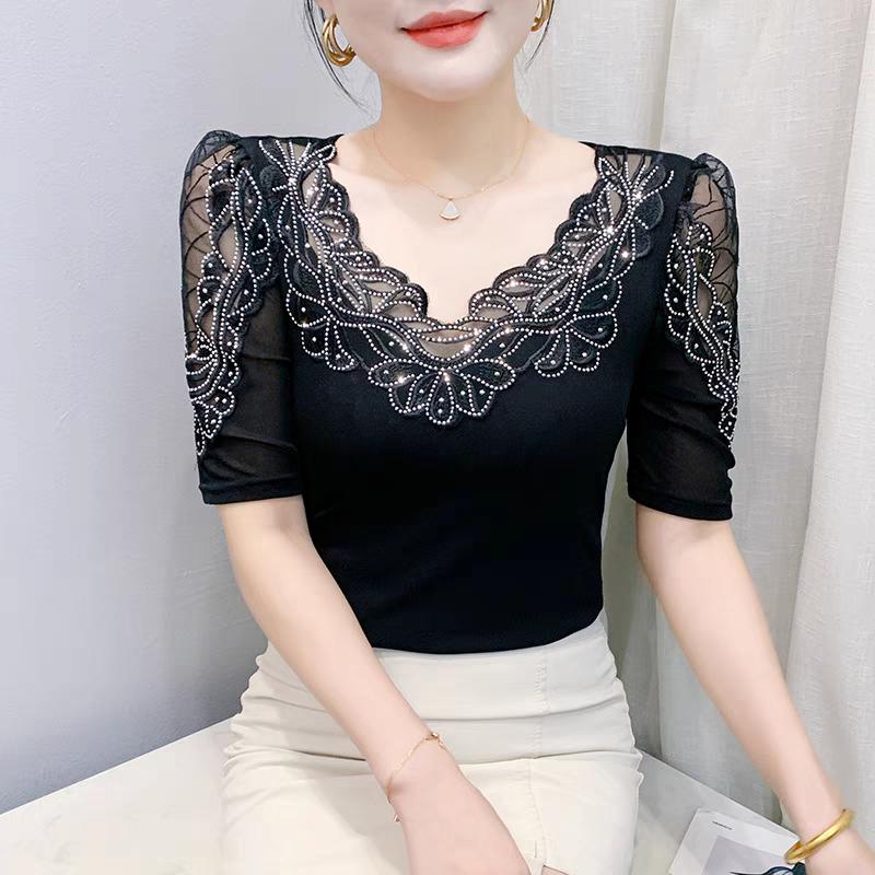 New Summer Luxury Shiny Hot Diamonds Women's Embroidery Flower T-Shirt Elegant V-Neck Lace Patchwork Tops Female Transparent Mid-Sleeve Tees