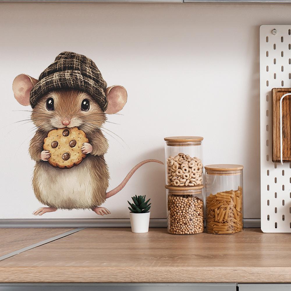 Cartoon Mouse Eating Cookie Wall Sticker for Bedroom Living Room Home Background Decor Self-Adhesive Removable Decal