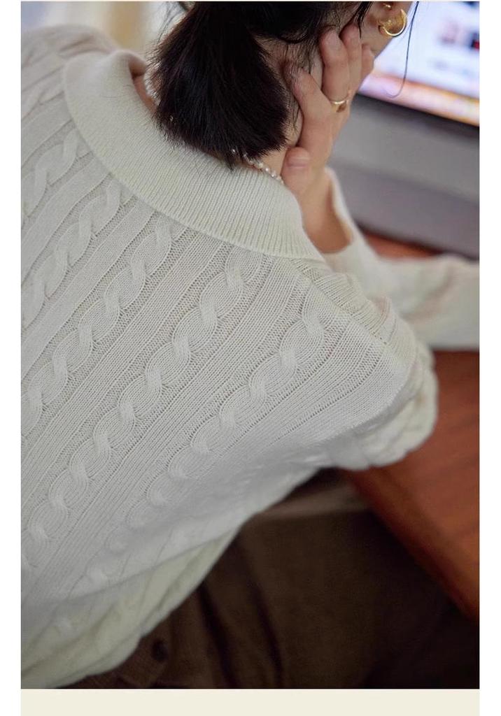 Women's French Retro Wool Cable Knit Polo Cardigan - Autumn/Winter Cashmere Lapel Sweater