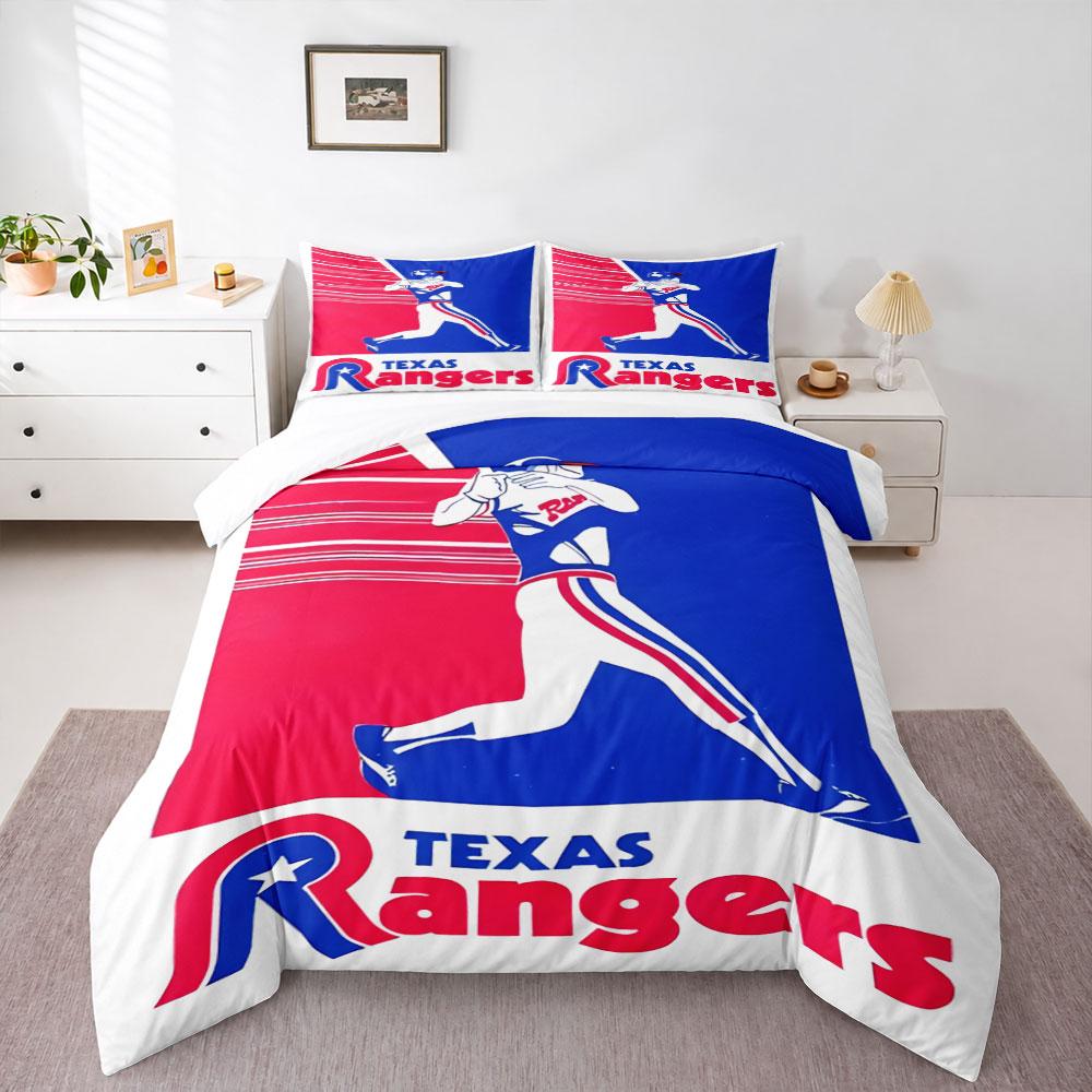 Texas Rangers Vintage Running Batter Logo Bedding Set, Blue Red Baseball Classic Duvet Cover Set
