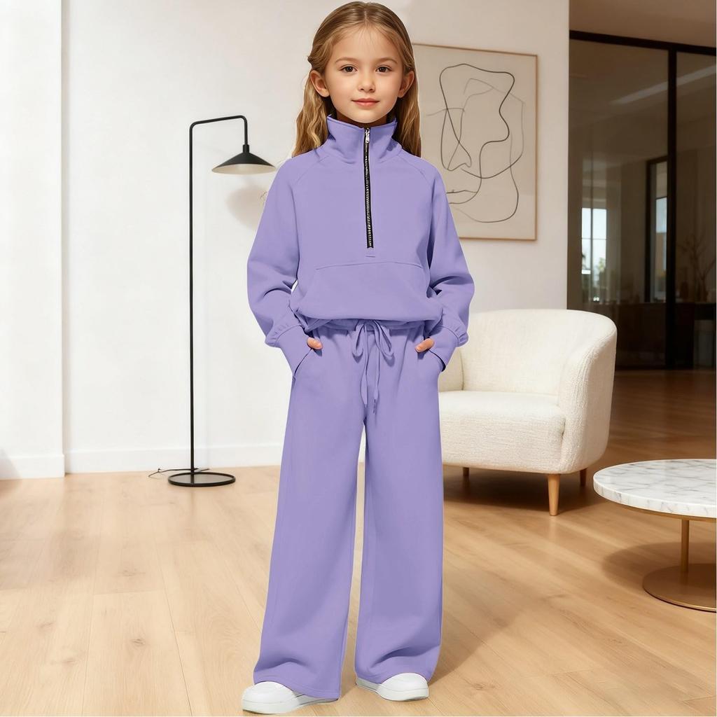 Dziewczęca bluza z wysokim dekoltem zapinana na pół zamek + długie spodnie sportowe polarowe casualowy zestaw dziecięcy