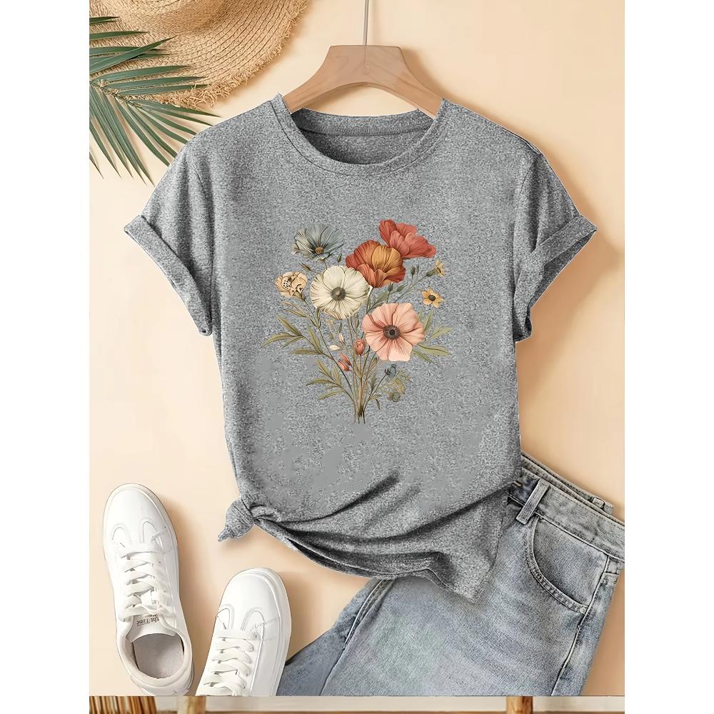Fashion Flower Print Women's Short Sleeve Daily Cotton Comfort T-Shirts Women’s