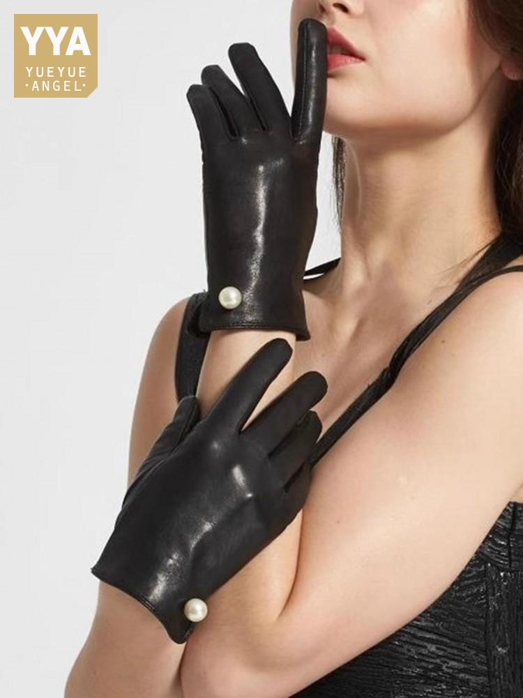 Elegant Women Pearls Sheepskin Genuine Leather Gloves Motorcycle Riding Gloves Female Accessories Mittens Autumn Winter Gloves