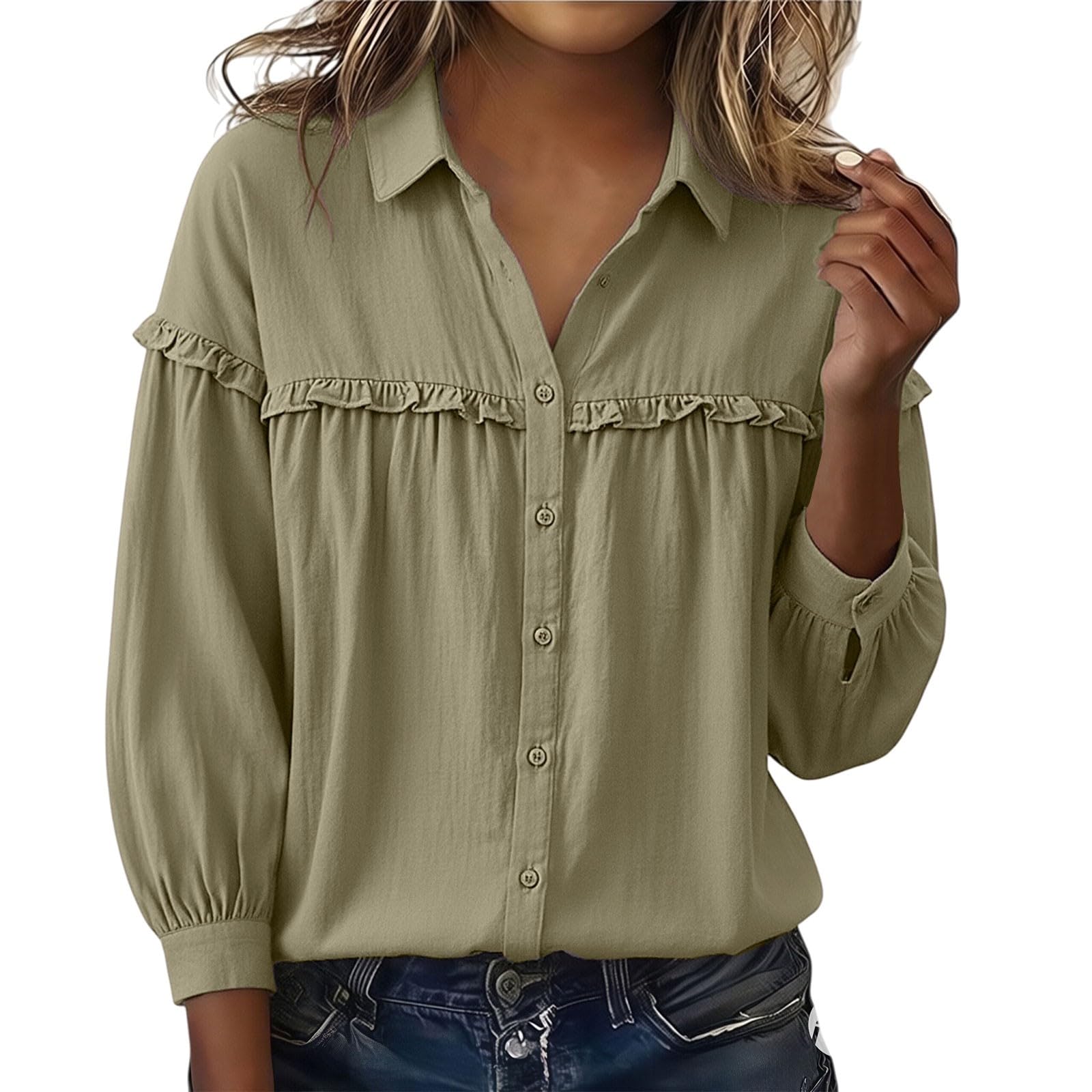 Womens Button Down Linen Shirts Collar Long Sleeve V Neck  Tops L зелёный