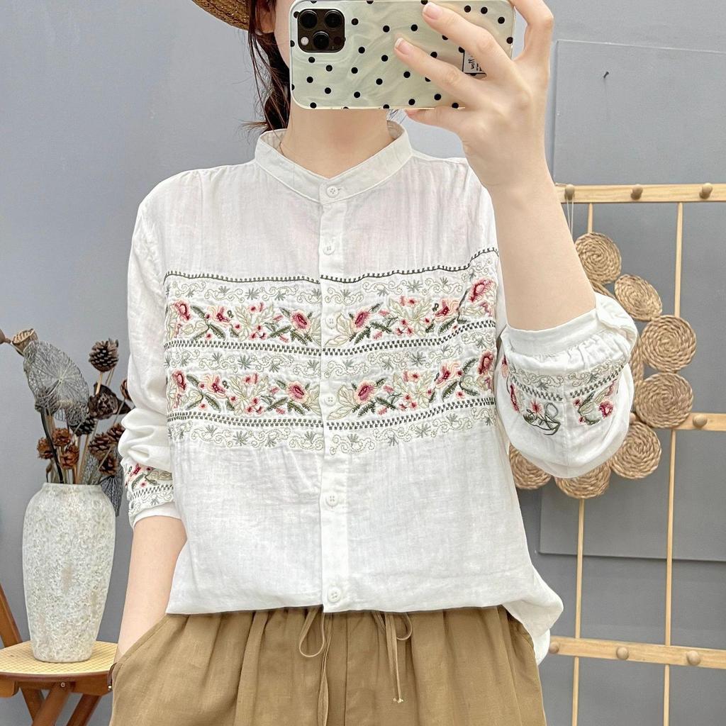 Elegant Retro Cotton Double Layer Gauze Stand Collar Embroidered Long Sleeve Top for Women