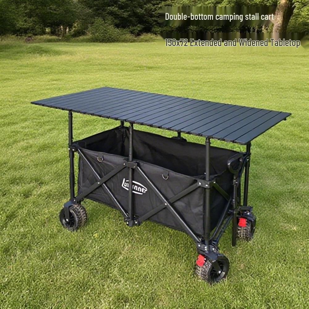 Adjustable Folding Handcart with Umbrella, Elevated Canopy & Table Top for Street Stalls or Camping.